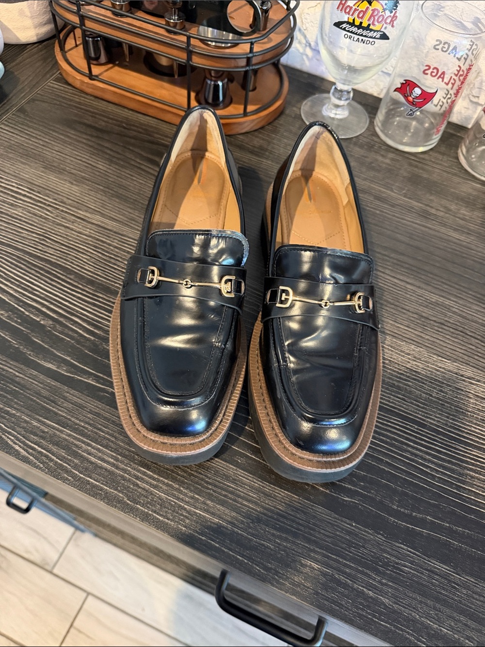 Sam Edelman Black Leather Bit Loafers with Brown Platform